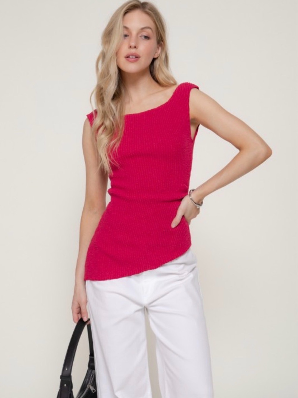 A731. Sleeveless One-Shoulder Knit Top in Hot Pink